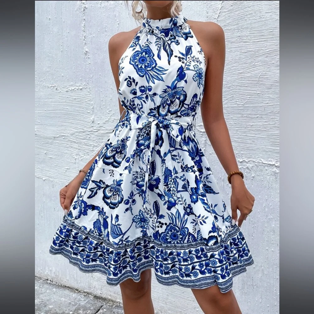 Boho Floral Paisley Print Belted Ruffle Hem Halter Dress WHITE BLUE - Picture 1 of 6